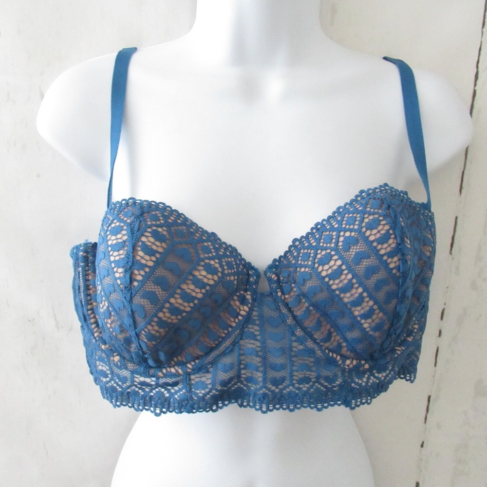 Adore Me Bra 36C Blue Lace Heart Embroidered Push Up Underwire Back Closure